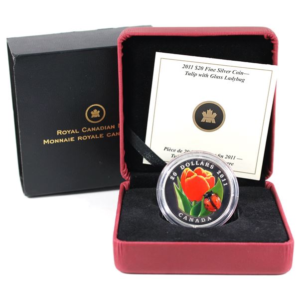 2011 Canada $20 Tulip with Venetian Glass Ladybug Fine Silver Coin (Sleeve lightly bent).