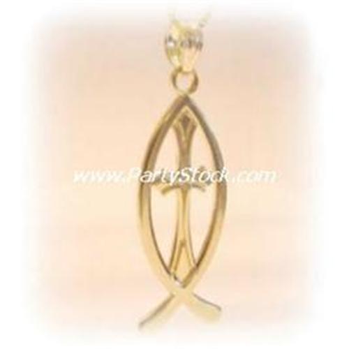 SOLID 14K GOLD CROSS FISH CHARM PENDANT CHRISTIAN