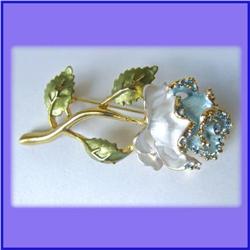WHITE BLUE ROSE PIN BROOCH CRYSTAL SWAROVSKI GOLD