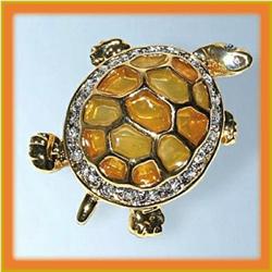 LARGE TURTLE PIN BROOCH GOLD & SWAROVSKI CRYSTALS