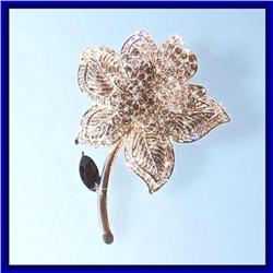 LARGE ROSE PIN BROOCH 24K GOLD SWAROVSKI CRYSTALS