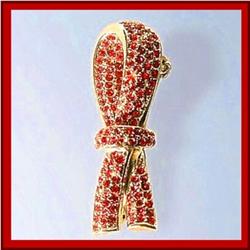 RIBBON PIN BROOCH 24K GOLD SWAROVSKI CRYSTALS RED