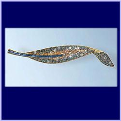 BLUE LEAF PIN BROOCH 24K GOLD SWAROVSKI CRYSTALS