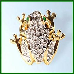 WHITE SWAROVSKI CRYSTALS FROG PIN BROOCH 24K GOLD