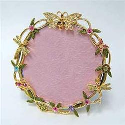 24K GOLD SWAROVSKI CRYSTAL PHOTO FRAME ROUND BUTTERFLY & DRAGONFLY