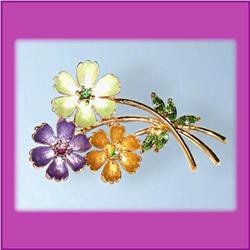 3 FLOWER PIN BROOCH 24K GOLD CRYSTAL SWAROVSKI