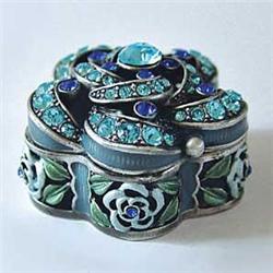 24K GOLD DECO BLUE FLOWER BOX SWAROVSKI CRYSTAL JEWELRY BOX 