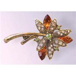 AMBER FLOWER PIN BROOCH GOLD & SWAROVSKI CRYSTALS