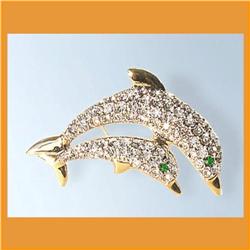 TWIN DOLPHINS MOTHER BABY 24K GOLD CRYSTALS PIN BROOCH 24K GOLD CRYSTAL SWAROVSKI
