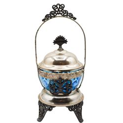 Metal Basket with Blue Glass Insert