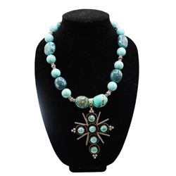 Sterling Turquoise Beaded Necklace w Cross Pendant