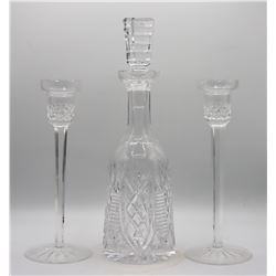 (2) Crystal Candlesticks and (1) Crystal Decanter