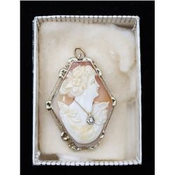 Antique 14k Shell Cameo Diamond Brooch