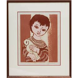 Girl with Dove, Signed Woodblock Print