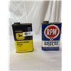 Image 1 : RPM Outboard Motor Oil Tin Can Empty And John Deere Hydrostatic Fluid Tin Can, Full