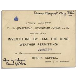 King George V Ticket to 1919 Investiture at Buckingham