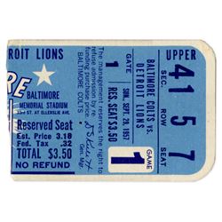 1957 Baltimore Colts vs. Detroit Lions Ticket Stub