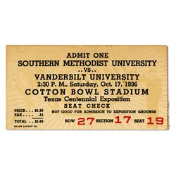 Southern Methodist U vs. Vanderbilt U Ticket Stub 1936