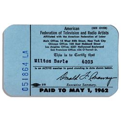 Milton Berle AFTRA Membership Card From 1962