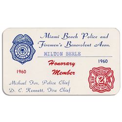 Milton Berle Estate Miami Beach Police Member Card