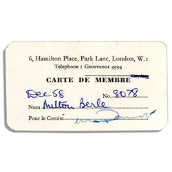 Milton Berle Estate Membership Card to a Cabaret Club