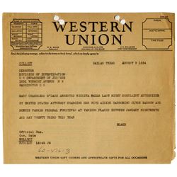 Bonnie & Clyde 1934 Telegram re Mary O'Dare Arrest