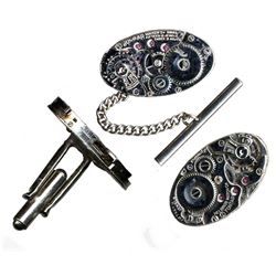 Watch Movement Silver Cufflinks Cuff Links & Tie Tack