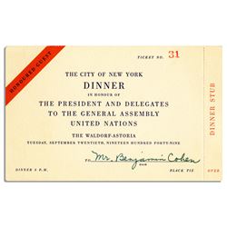 United Nations Dinner Invitation 20 September 1949