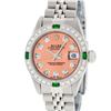 Image 2 : Rolex Ladies Stainless Steel Quickset Salmon Diamond & Emerald Oyster Perpetual