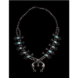 Navajo Sandcast Silver & Turquoise Squash Necklace