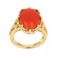 Polished Coral & Diamond  18k Gold Crown Ring