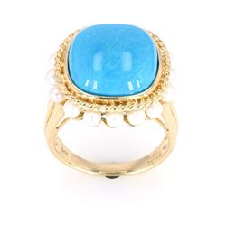 Gem Quality Turquoise and Seed Pearl 14K Ring