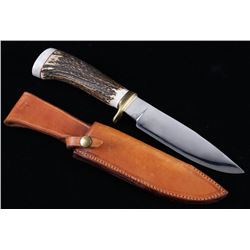Signed Antler Handle Drop Point Knife & Sheath
