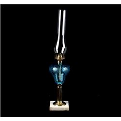 19th C Blue Glass Art Nouveau Globe Oil Lamp