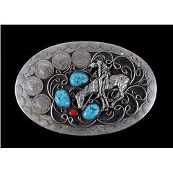 Navajo Silver Morenci Turquoise & Coral Buckle