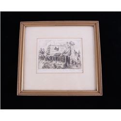 Original E Oliver Etching, Oldest U.S. Schoolhouse