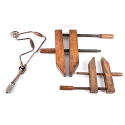 Early 1900's Wooden Clamps & Hand Drill