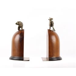 Bull & Bear Brass Sculpture Stained Pine Bookends