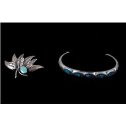 Navajo Sterling Silver Turquoise Bracelet & Brooch