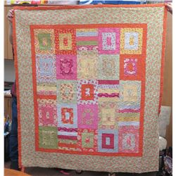 Large Handmade Orange Floral Hawaiian Quilt, size 74" x 67"