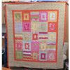 Image 1 : Large Handmade Orange Floral Hawaiian Quilt, size 74" x 67"