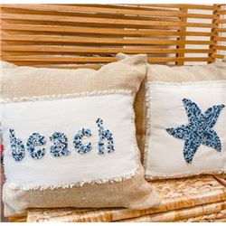 Set of 2 Beaded Ocean-Inspired Throw Pillows: "Beach" & Starfish