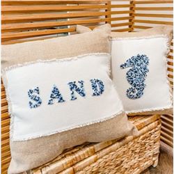 Set of 2 Beaded Ocean-Inspired Throw Pillows: "Sand" & Starfish