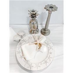 Dining Beach Décor Set for 6: Starfish Plates, Cloth Napkins, Napkin Holders, Candlesticks, etc