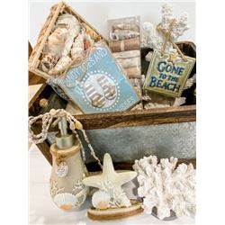 Ocean Inspired Bath Décor: Tin Basket, Coral-Like Accent Decor, Shells, Potpourri, Garland, etc