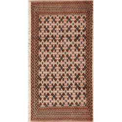 A WOOL HAND KNOTTED TURKOMAN AREA RUG.
