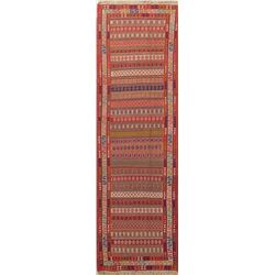 A WOVEN HAND KNOTTED SUMAK KILIM RUNNER.