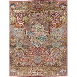 A WOOL HAND KNOTTED PICTORIAL ORIENTAL AREA RUG.