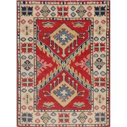 A WOOL HAND KNOTTED KAZAK ORIENTAL RUG.