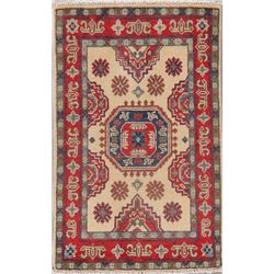 A WOOL HAND KNOTTED KAZAK ORIENTAL AREA RUG.